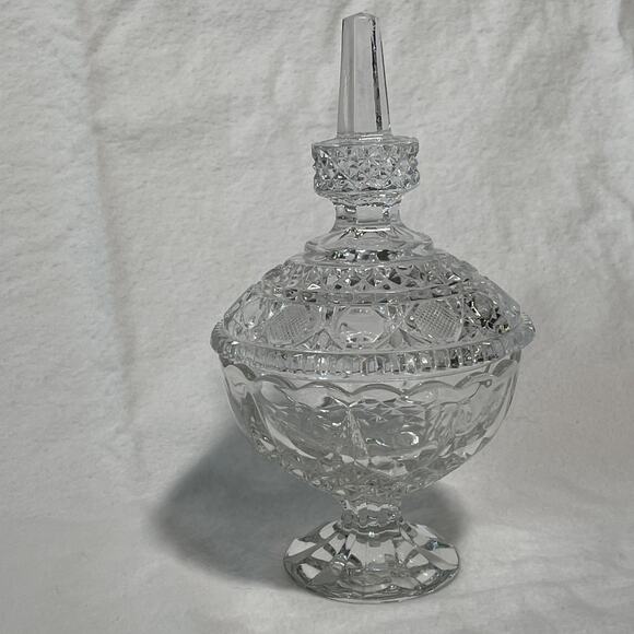 Cut Crystal Glass Vintage Candy Bowl with Cover 8” Tall 4.5” Wide W/ Base - Picture 1 of 8